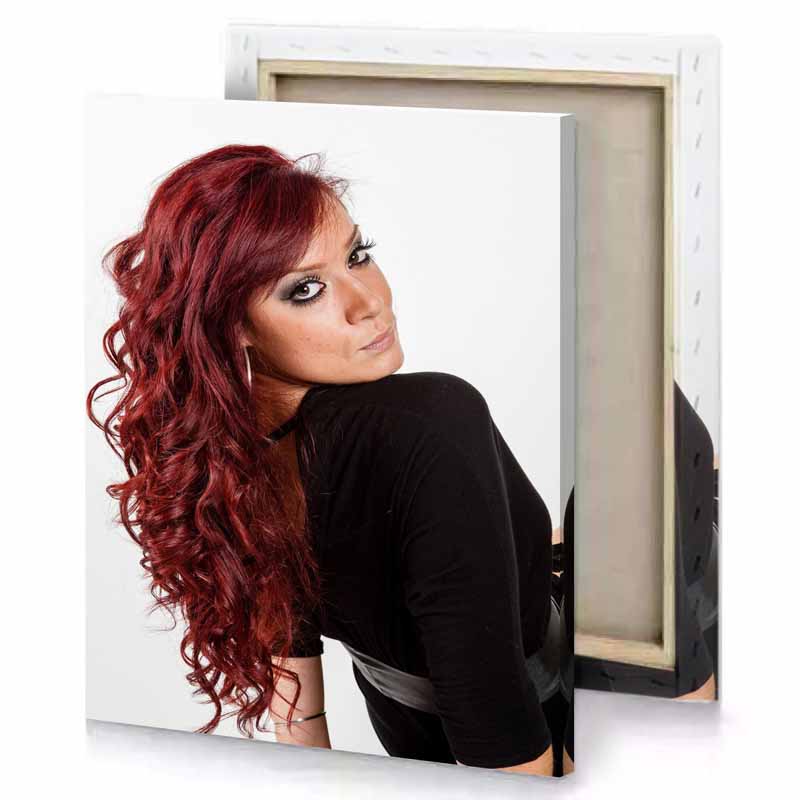 a woman with red hair and black shirt white smoke canvas