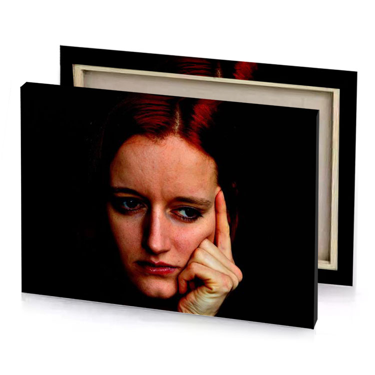a woman with red hair and blue eyes black canvas