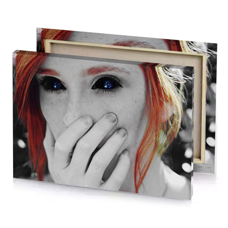 a woman with red hair and blue eyes rose quartz canvas