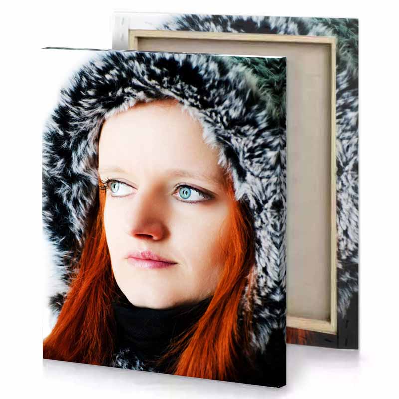 a woman with red hair and fur hat smoky black canvas