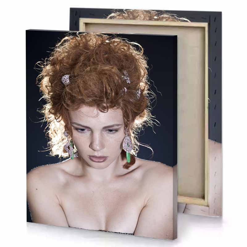 a woman with red hair and green necklace silver canvas