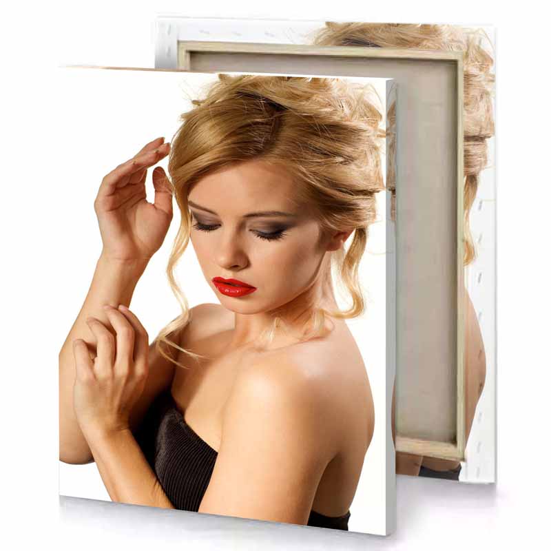 a woman with red lipstick and black dress snow canvas