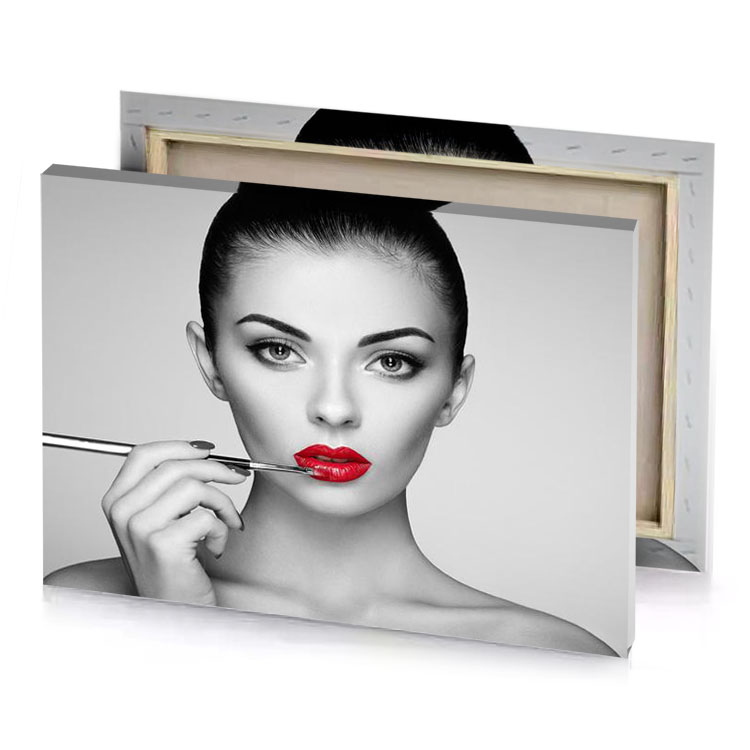 a woman with red lipstick and black white background silver canvas