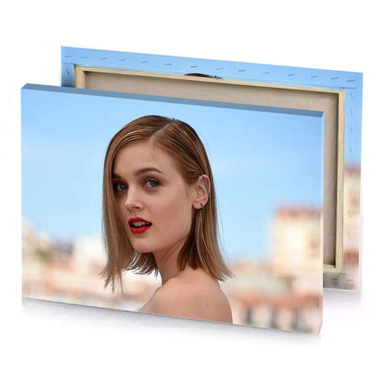 a woman with red lipstick and white dress pale turquoise canvas