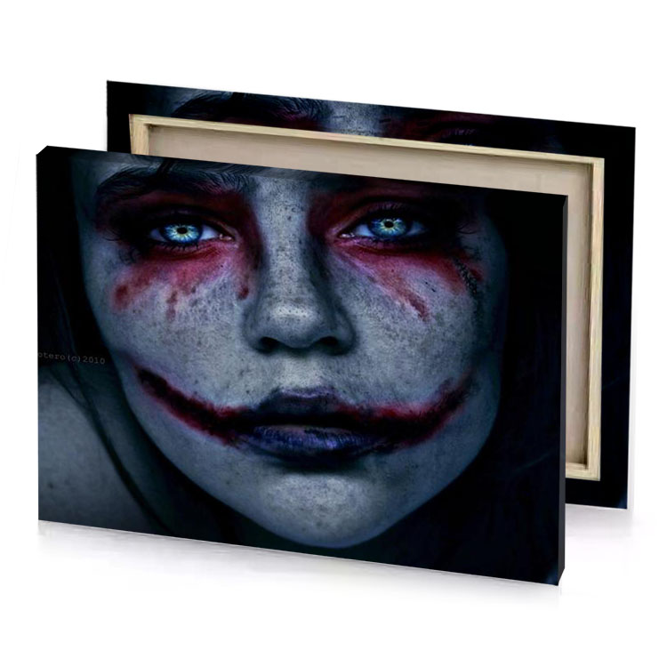 a woman with red makeup and black hair slate gray canvas
