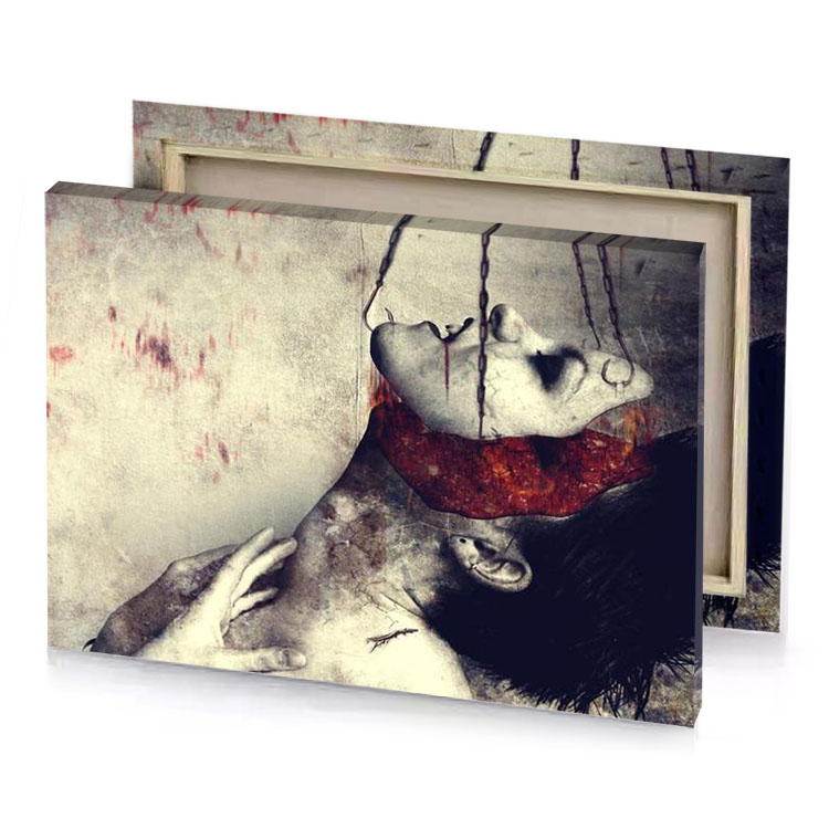 a woman with red mask on her face pearl canvas
