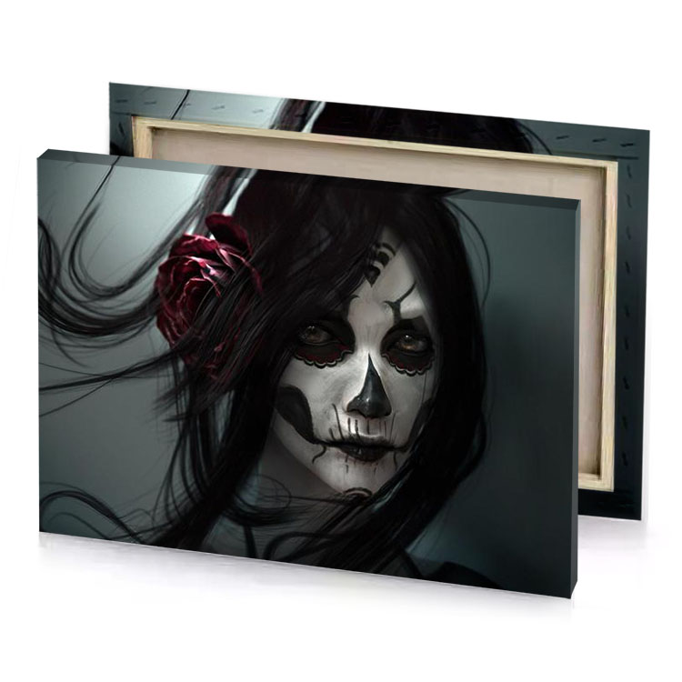 a woman with skull face and red hair smoky black canvas