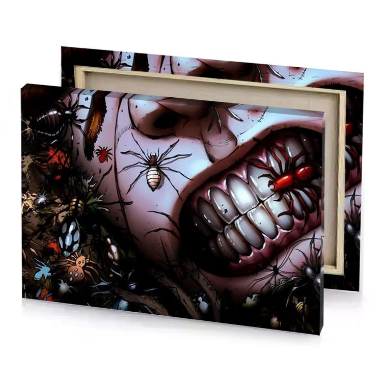 a woman with spider on her face light steel blue canvas