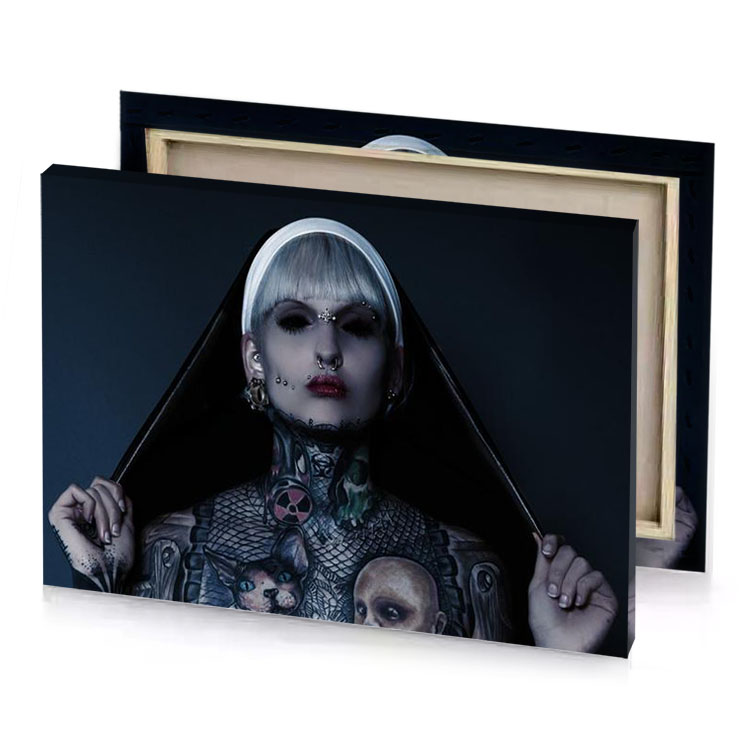 a woman with tattoos on her body and hood smoky black canvas
