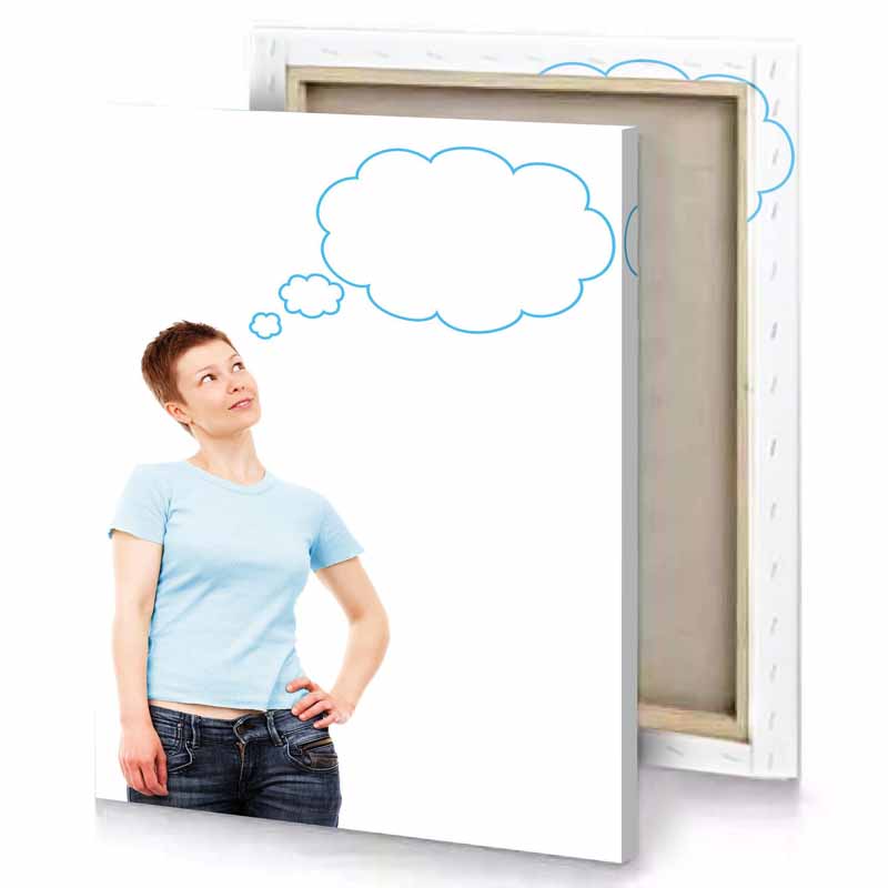 a woman with thought bubble above her head ghost white canvas