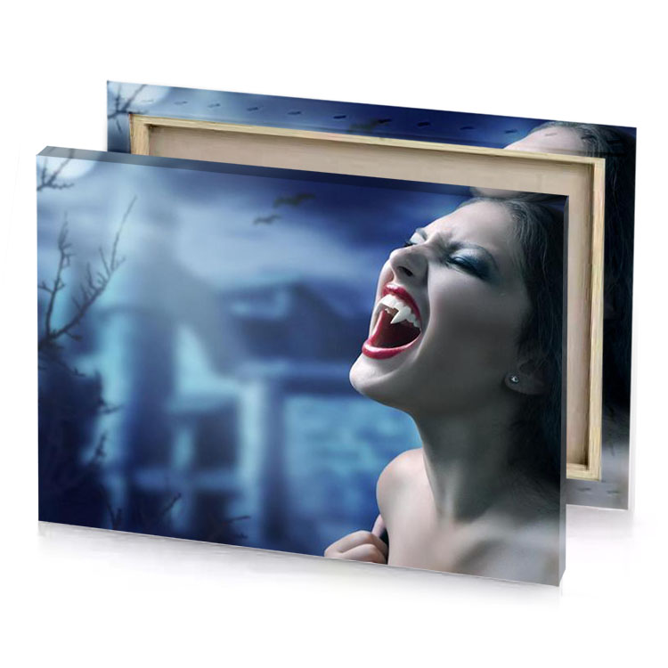 a woman with vampire makeup and red lip moonstone blue canvas