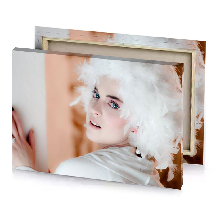 a woman with white feather hat and dress silver canvas
