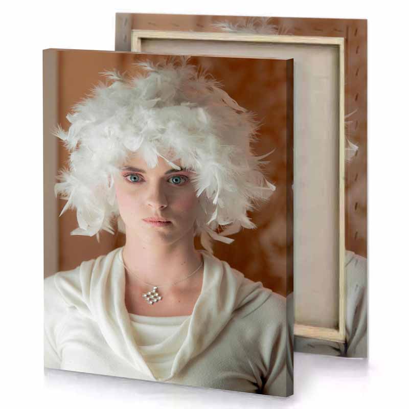 a woman with white feather hat on her head silver canvas