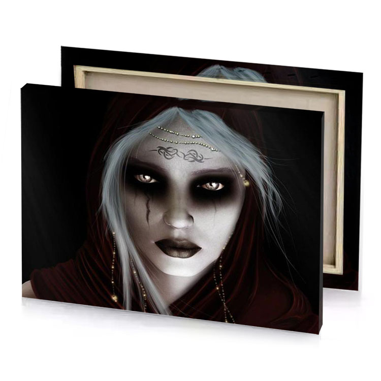 a woman with white hair and red dress smoky black canvas