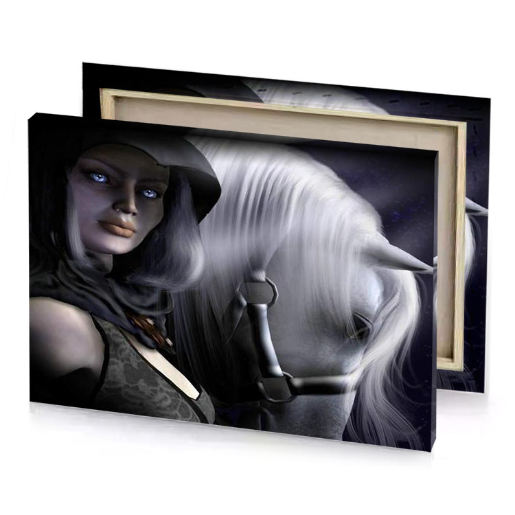 a woman with white horse in the background smoky black canvas