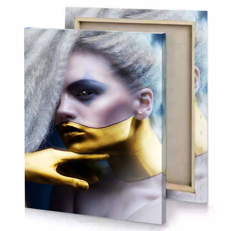 a woman with yellow face and white wig silver canvas