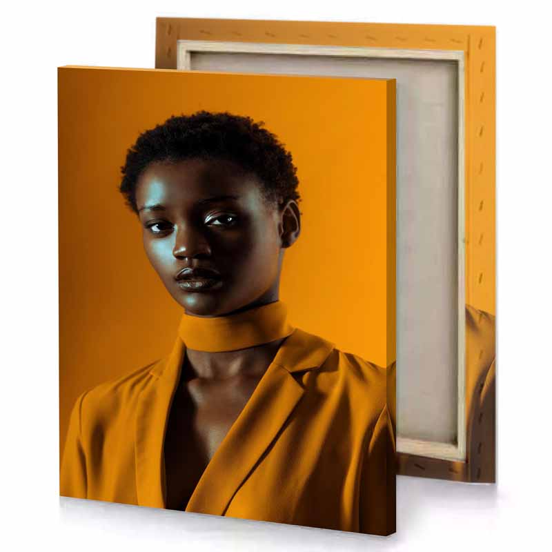 a woman with yellow shirt and black hair tangerine canvas
