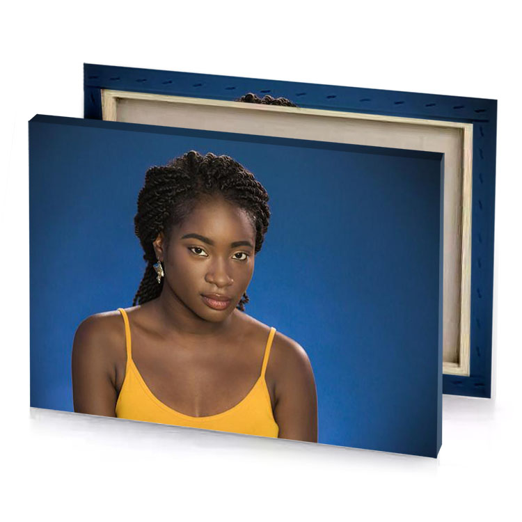 a woman with yellow shirt and pair of scissors dark cornflower blue canvas
