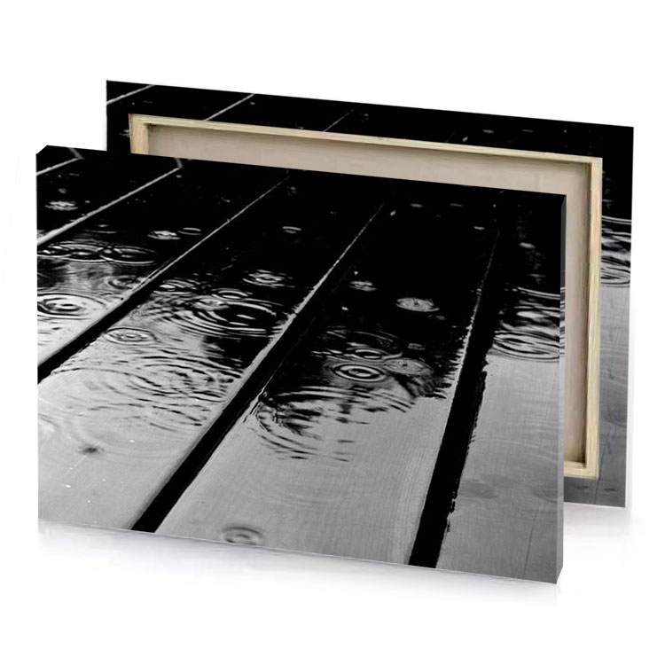 a wooden bench with water droplets on it smoky black canvas