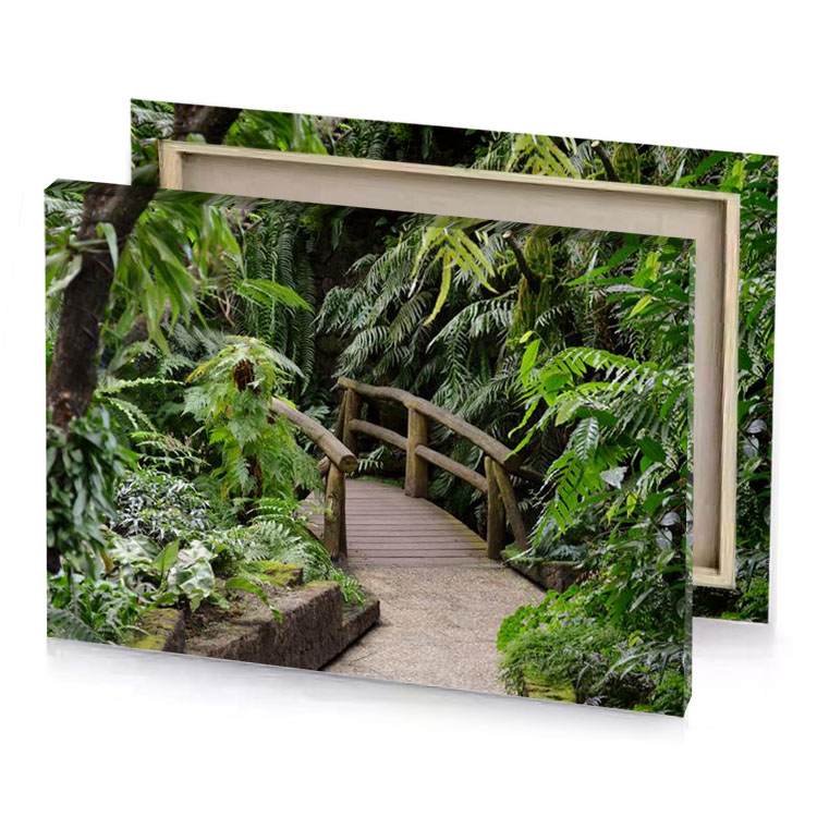 a wooden bridge in lush tropical garden mountbatten pink canvas