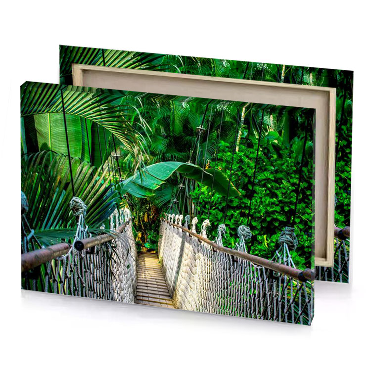 a wooden bridge with metal railing medium sea green canvas