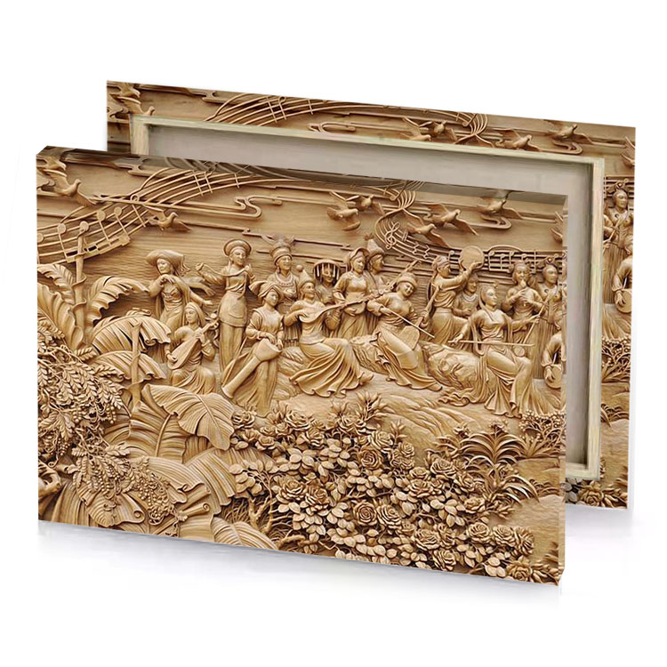 a wooden carving of group people dark khaki canvas