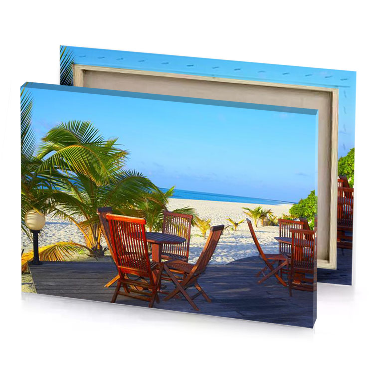 a wooden deck with chairs and palm trees light sky blue canvas