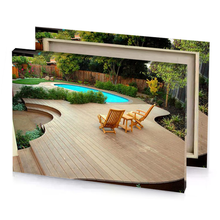 a wooden deck with pool in the middle silver canvas