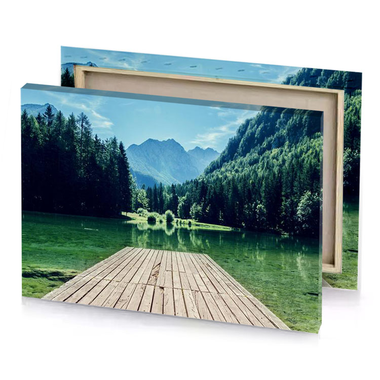 a wooden dock on lake surrounded by trees moonstone blue canvas
