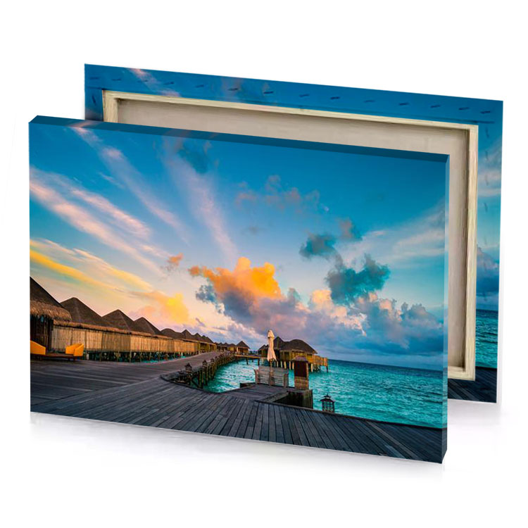 a wooden dock with thatched hut on the water manatee canvas