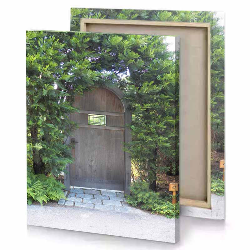 a wooden door surrounded by trees and bushes camouflage green canvas