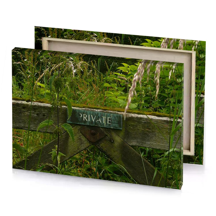 a wooden fence with sign that says private dark olive green canvas