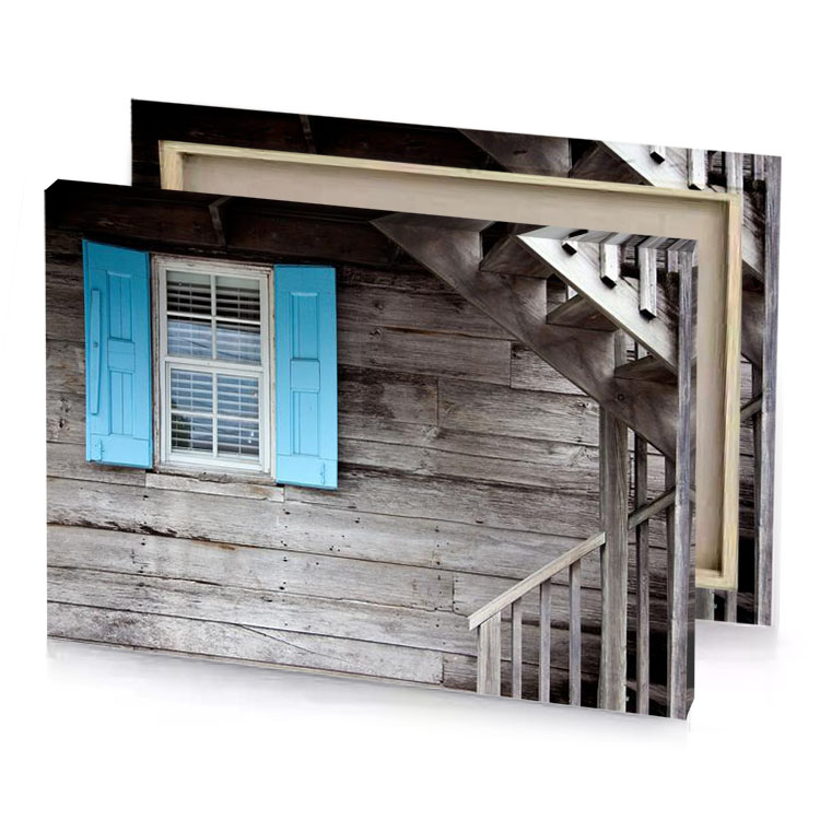 a wooden house with blue window and white door sky canvas