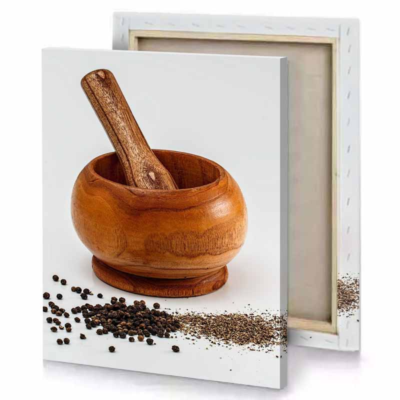 a wooden mortar and in bowl saddle brown canvas