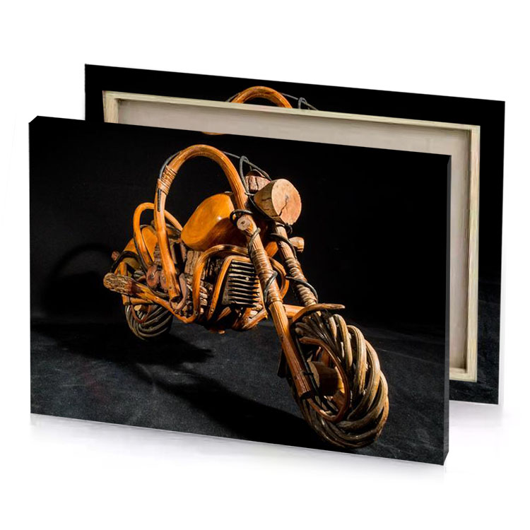 a wooden motorcycle with basket on the back sepia canvas