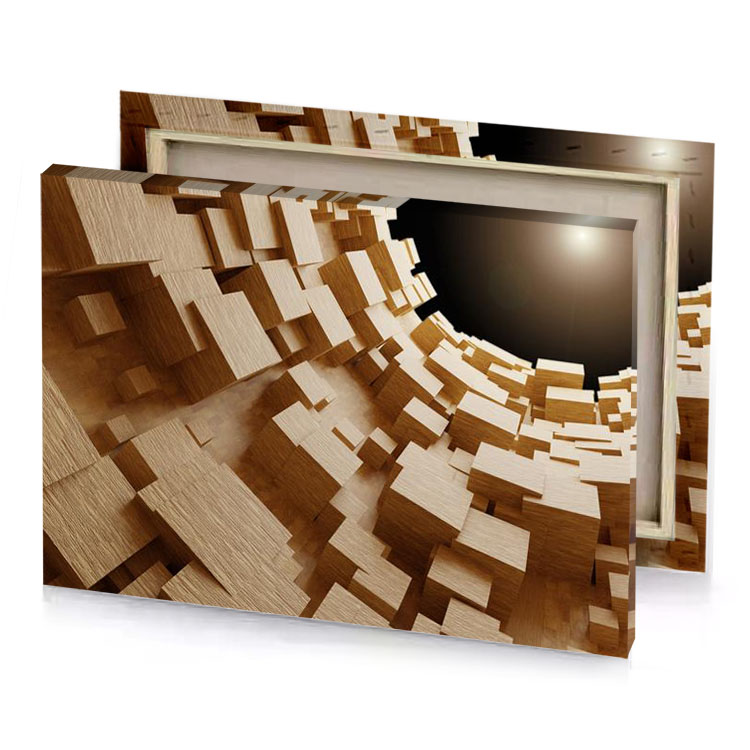 a wooden structure with black hole in the center tan canvas