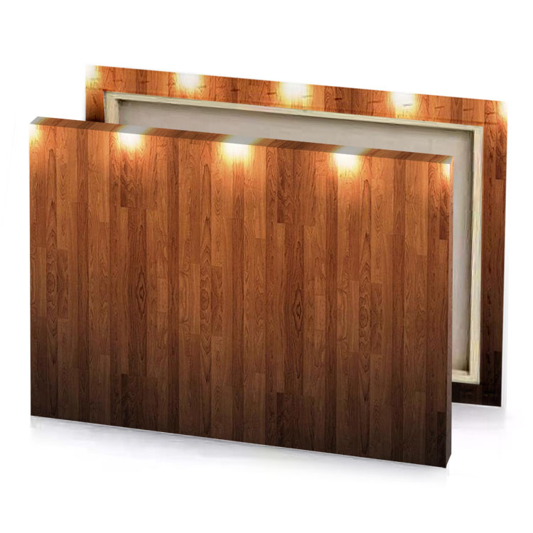 a wooden wall with three lights on it saddle brown canvas