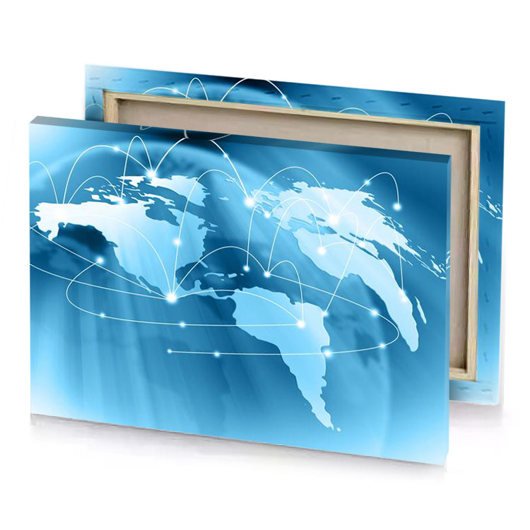 a world map with connected lines and dots steel blue canvas