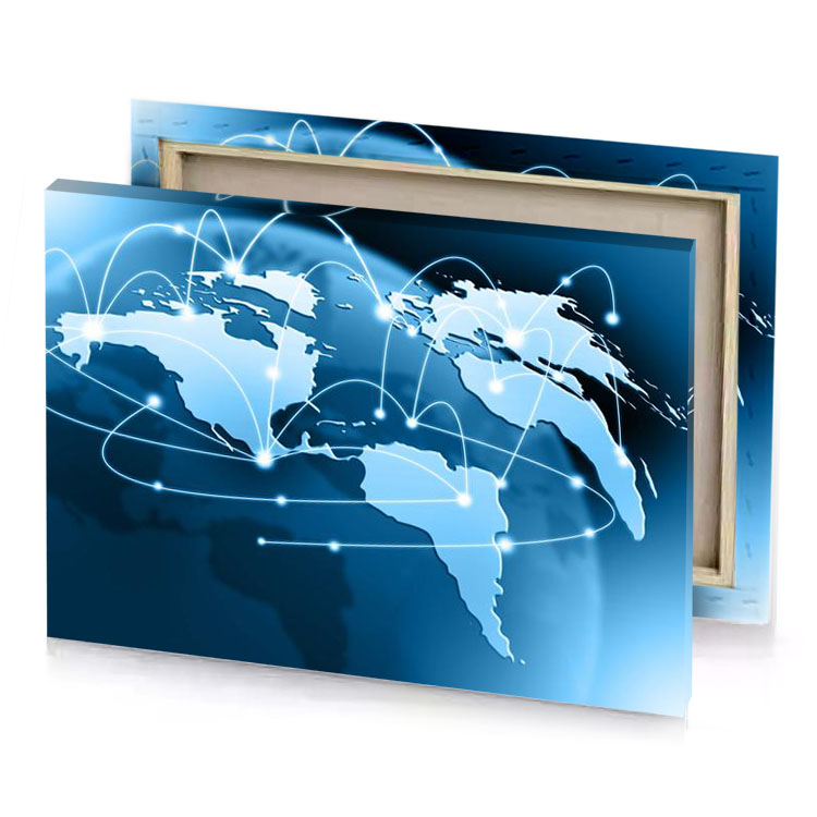 a world map with connections and lines blue sapphire canvas