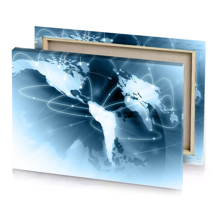 a world map with lines and dots prussian blue canvas