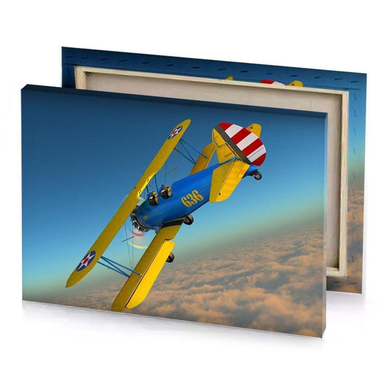 a yellow and blue plane flying through the clouds dark golden rod canvas
