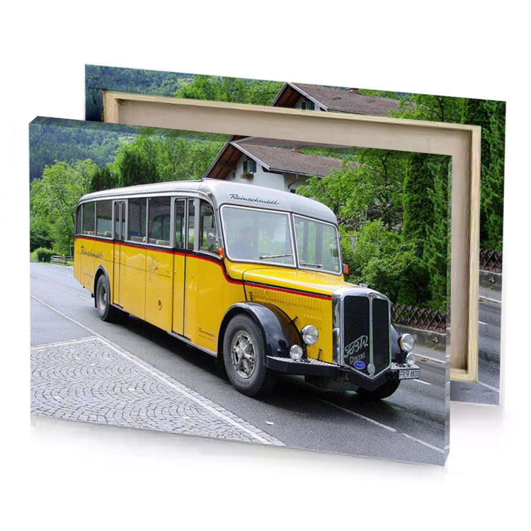 a yellow bus parked on the side of road golden rod canvas