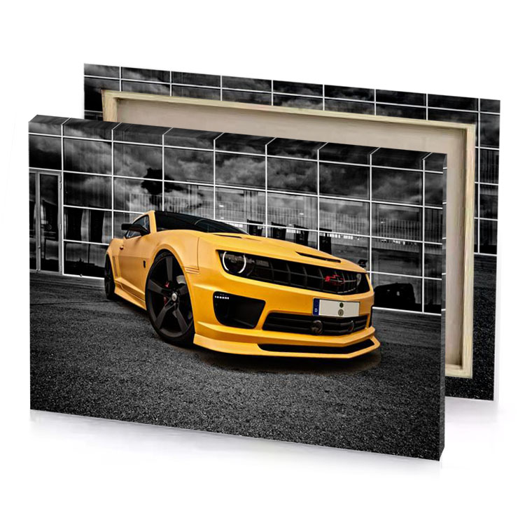 a yellow car parked in front of building golden rod canvas