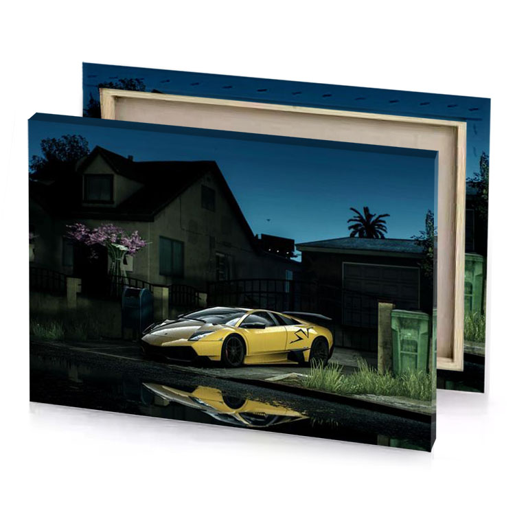 a yellow car parked in front of house peru canvas