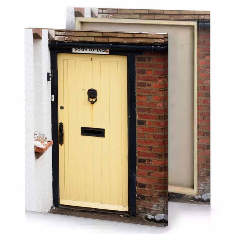 a yellow door in brick wall vanilla canvas