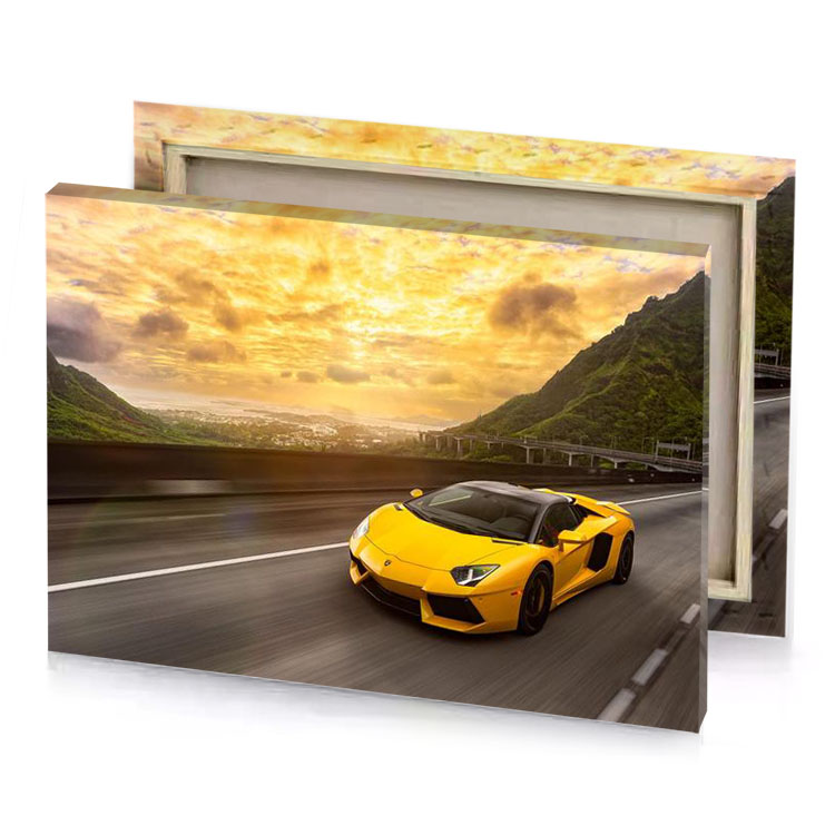 a yellow lamb car driving down road fawn canvas