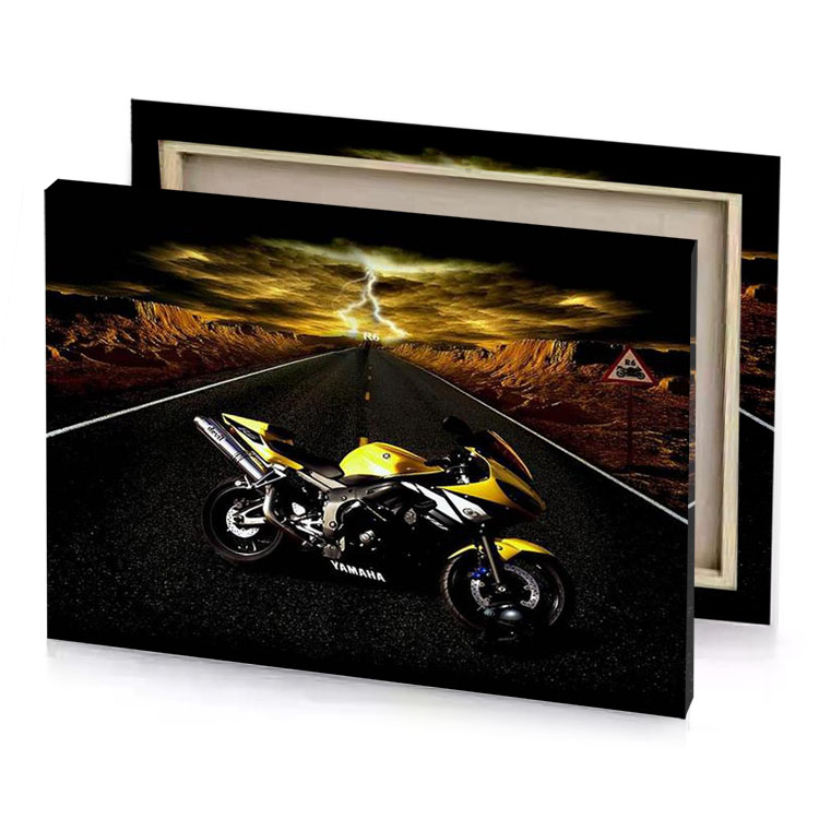 a yellow motorcycle is parked on the road khaki canvas