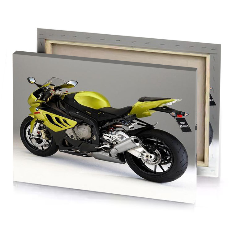 a yellow motorcycle is parked on white surface smoky black canvas