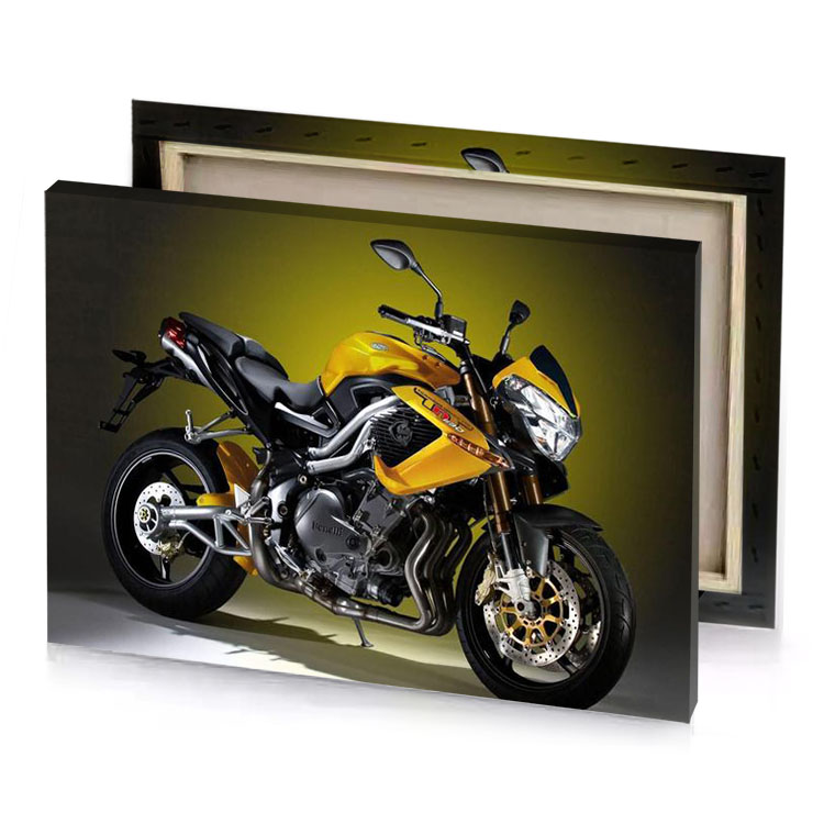 a yellow motorcycle parked in studio dark golden rod canvas