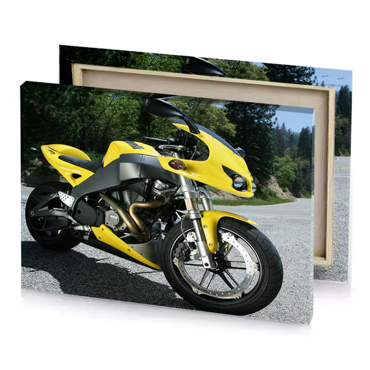 a yellow motorcycle parked on gravel road banana canvas